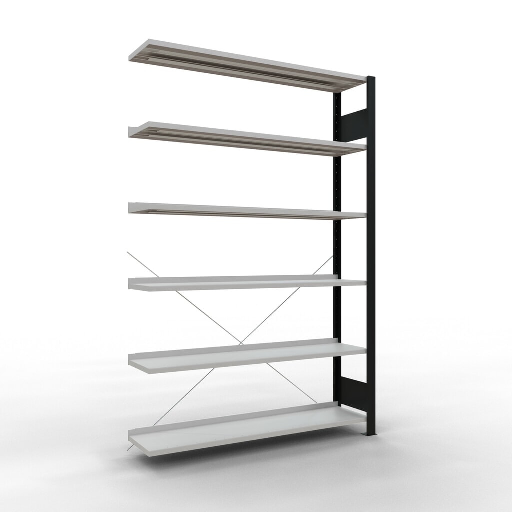 SCHULTE Aktenregal AF, einseitig, mit Endanschlägen, FL 85 kg, schwarz, HxBxT 2.000 x 1.300 x 300 mm Produktabbildung: SCHULTE Aktenregal AF, einseitig, mit Endanschlägen, FL 85 kg, schwarz, HxBxT 2.000 x 1.300 x 300 mm