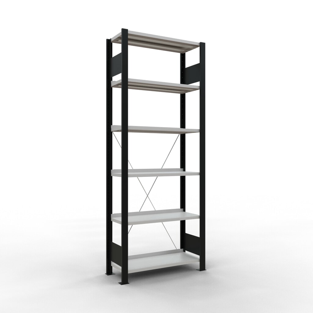 SCHULTE Aktenregal GF, einseitig, mit Endanschlägen, FL 85 kg, schwarz, HxBxT 2.000 x 750 x 300 mm Produktabbildung: SCHULTE Aktenregal GF, einseitig, mit Endanschlägen, FL 85 kg, schwarz, HxBxT 2.000 x 750 x 300 mm