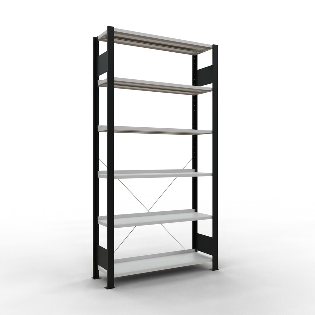 SCHULTE Aktenregal GF, einseitig, mit Endanschlägen, FL 85 kg, schwarz, HxBxT 2.000 x 1.000 x 300 mm Produktabbildung: SCHULTE Aktenregal GF, einseitig, mit Endanschlägen, FL 85 kg, schwarz, HxBxT 2.000 x 1.000 x 300 mm