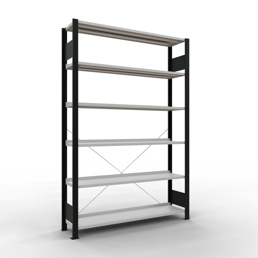 Produktabbildung: SCHULTE Aktenregal GF, einseitig, mit Endanschlägen, FL 85 kg, schwarz, HxBxT 2.000 x 1.300 x 300 mm