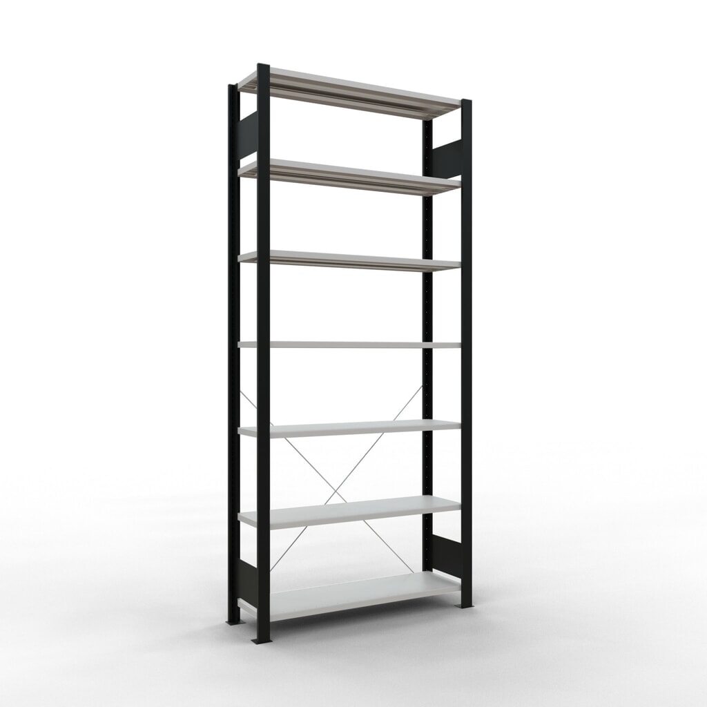 SCHULTE Aktenregal GF, einseitig, ohne Endanschläge, FL 85 kg, schwarz, HxBxT 2.300 x 1.000 x 300 mm Produktabbildung: SCHULTE Aktenregal GF, einseitig, ohne Endanschläge, FL 85 kg, schwarz, HxBxT 2.300 x 1.000 x 300 mm