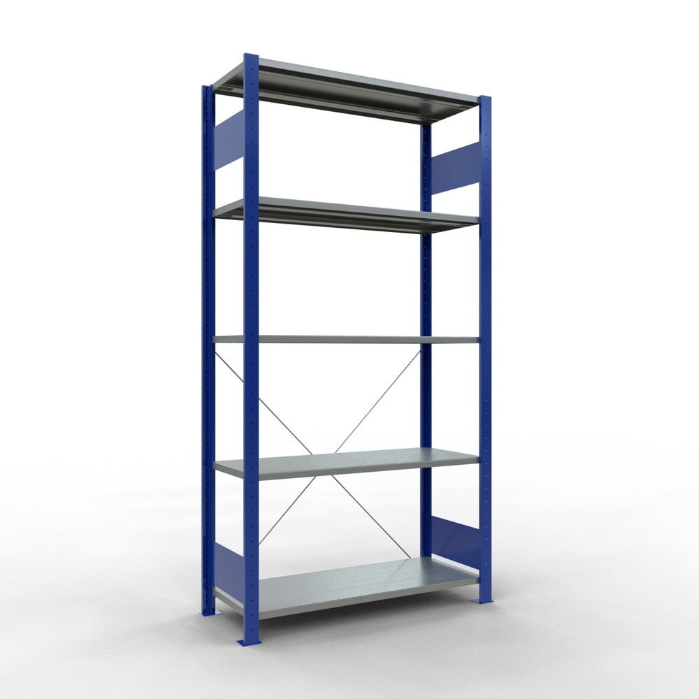 Produktabbildung: SCHULTE Fachbodenregal enzianblau/verzinkt mit 5 Stahlblechböden, Fachlast 150 kg, HxBxT 2.000 x 1.060 x 436 mm