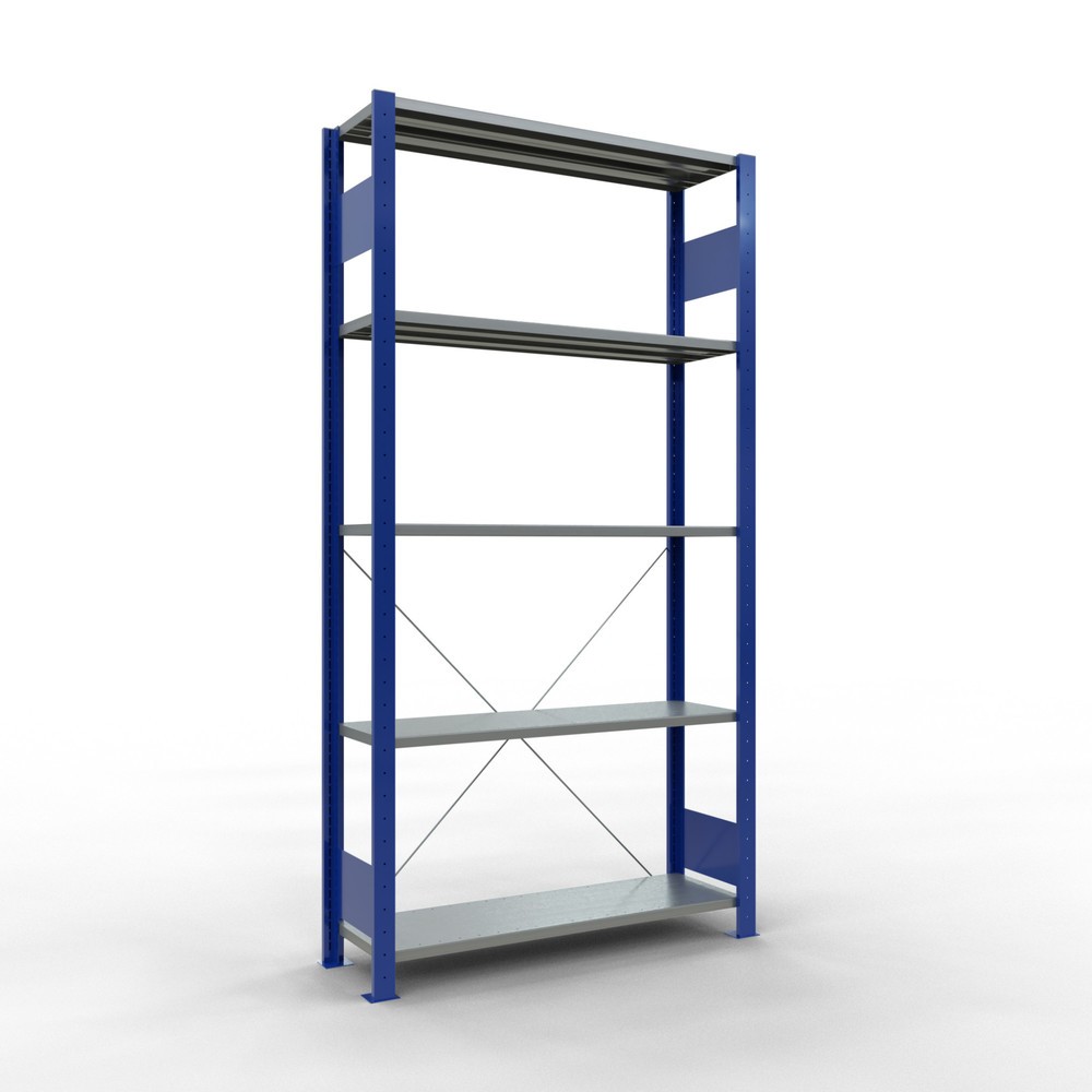 Produktabbildung: SCHULTE Fachbodenregal enzianblau/verzinkt mit 5 Stahlblechböden, Fachlast 150 kg, HxBxT 2.000 x 1.060 x 336 mm