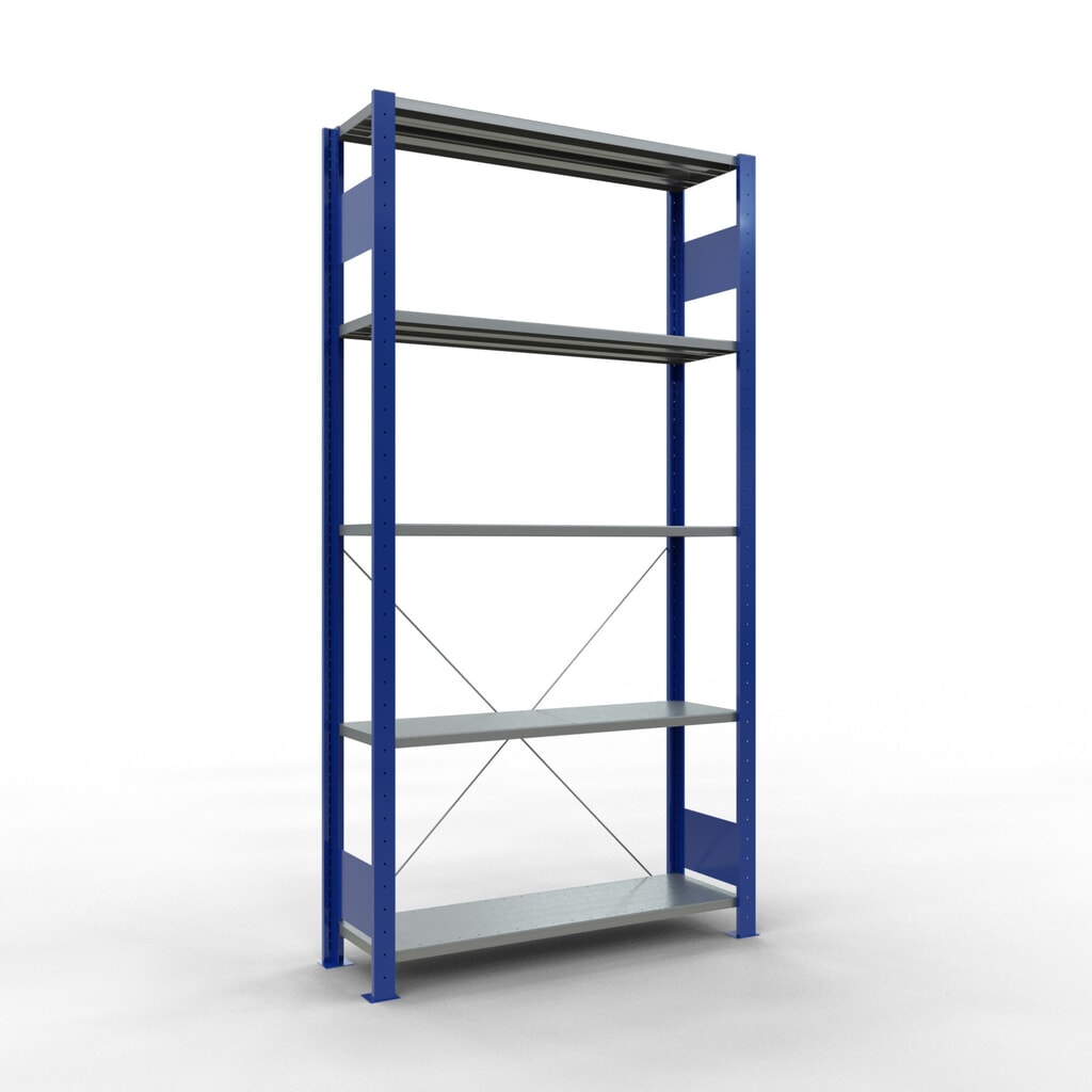 Produktabbildung: SCHULTE Fachbodenregal enzianblau/verzinkt mit 5 Stahlblechböden, Fachlast 150 kg, HxBxT 2.000 x 1.060 x 336 mm