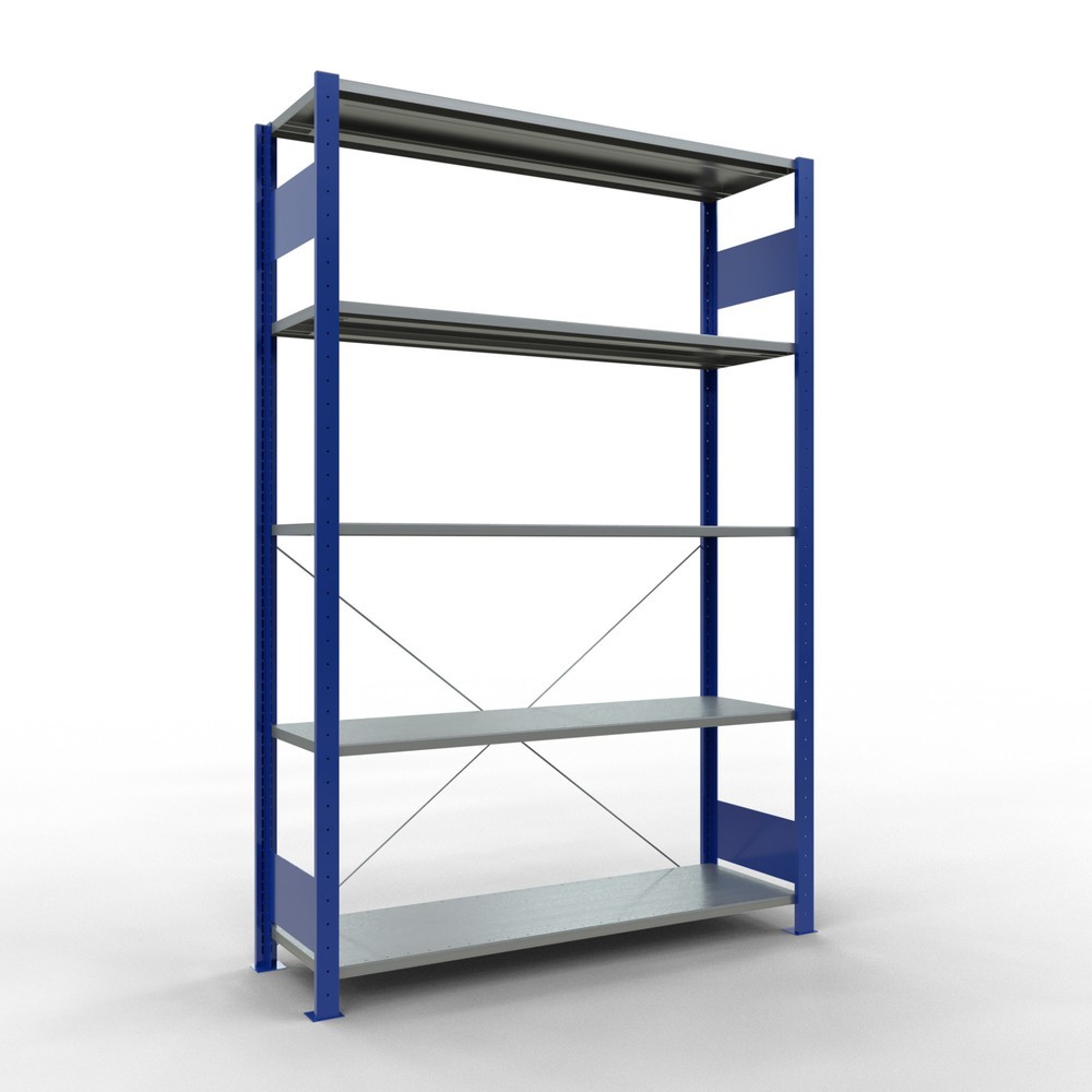 Produktabbildung: SCHULTE Fachbodenregal enzianblau/verzinkt mit 5 Stahlblechböden, Fachlast 150 kg, HxBxT 2.000 x 1.360 x 436 mm