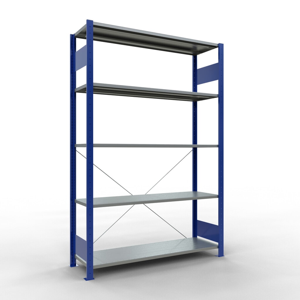 SCHULTE Fachbodenregal enzianblau/verzinkt mit 5 Stahlblechböden, Fachlast 150 kg, HxBxT 2.000 x 1.360 x 436 mm Produktabbildung: SCHULTE Fachbodenregal enzianblau/verzinkt mit 5 Stahlblechböden, Fachlast 150 kg, HxBxT 2.000 x 1.360 x 436 mm