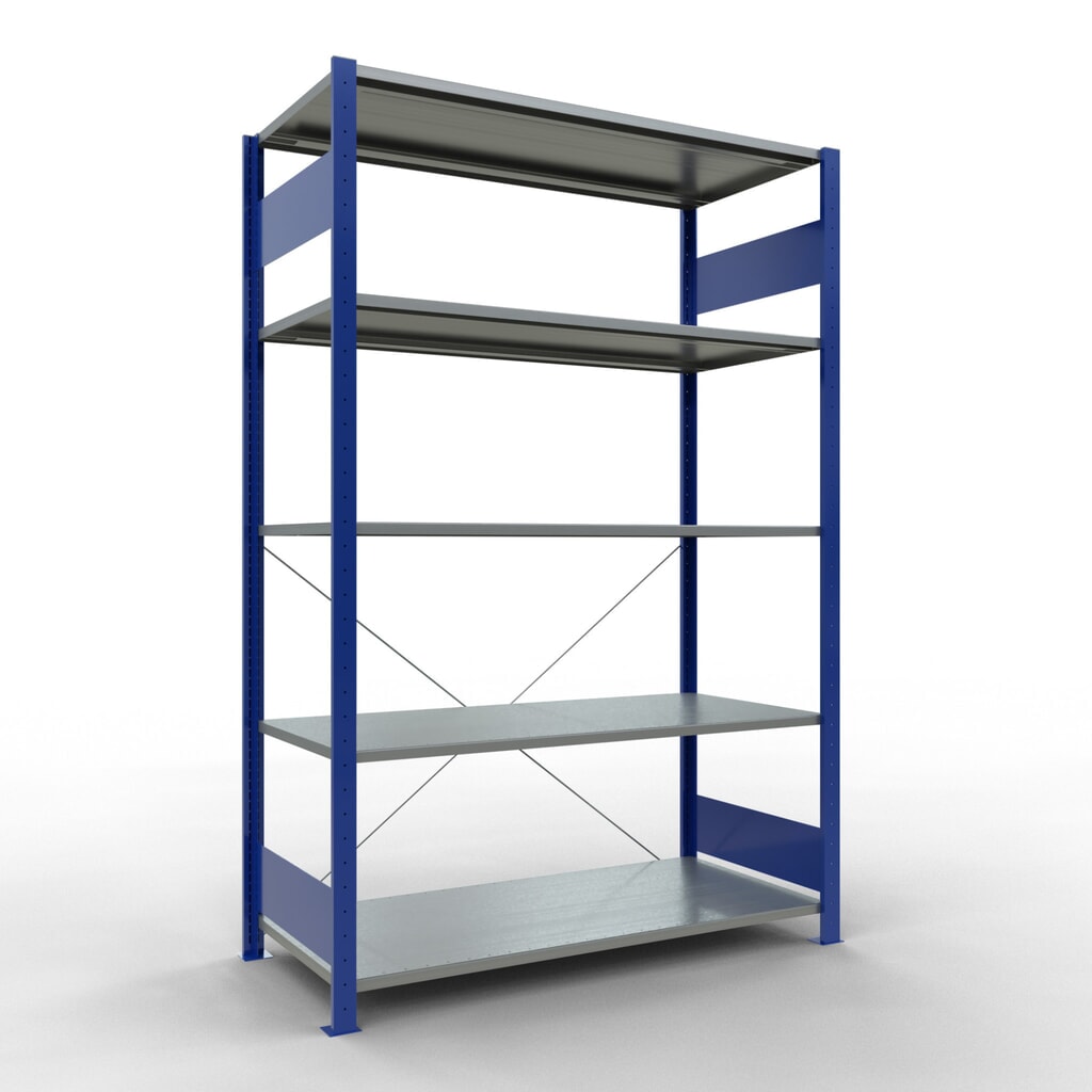 SCHULTE Fachbodenregal enzianblau/verzinkt mit 5 Stahlblechböden, Fachlast 150 kg, HxBxT 2.000 x 1.360 x 636 mm Produktabbildung: SCHULTE Fachbodenregal enzianblau/verzinkt mit 5 Stahlblechböden, Fachlast 150 kg, HxBxT 2.000 x 1.360 x 636 mm