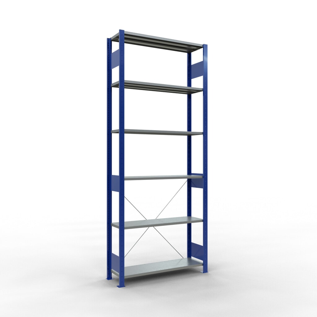SCHULTE Fachbodenregal enzianblau/verzinkt, Fachlast 150 kg, HxBxT 2.500 x 1.060 x 336 mm Produktabbildung: SCHULTE Fachbodenregal enzianblau/verzinkt, Fachlast 150 kg, HxBxT 2.500 x 1.060 x 336 mm