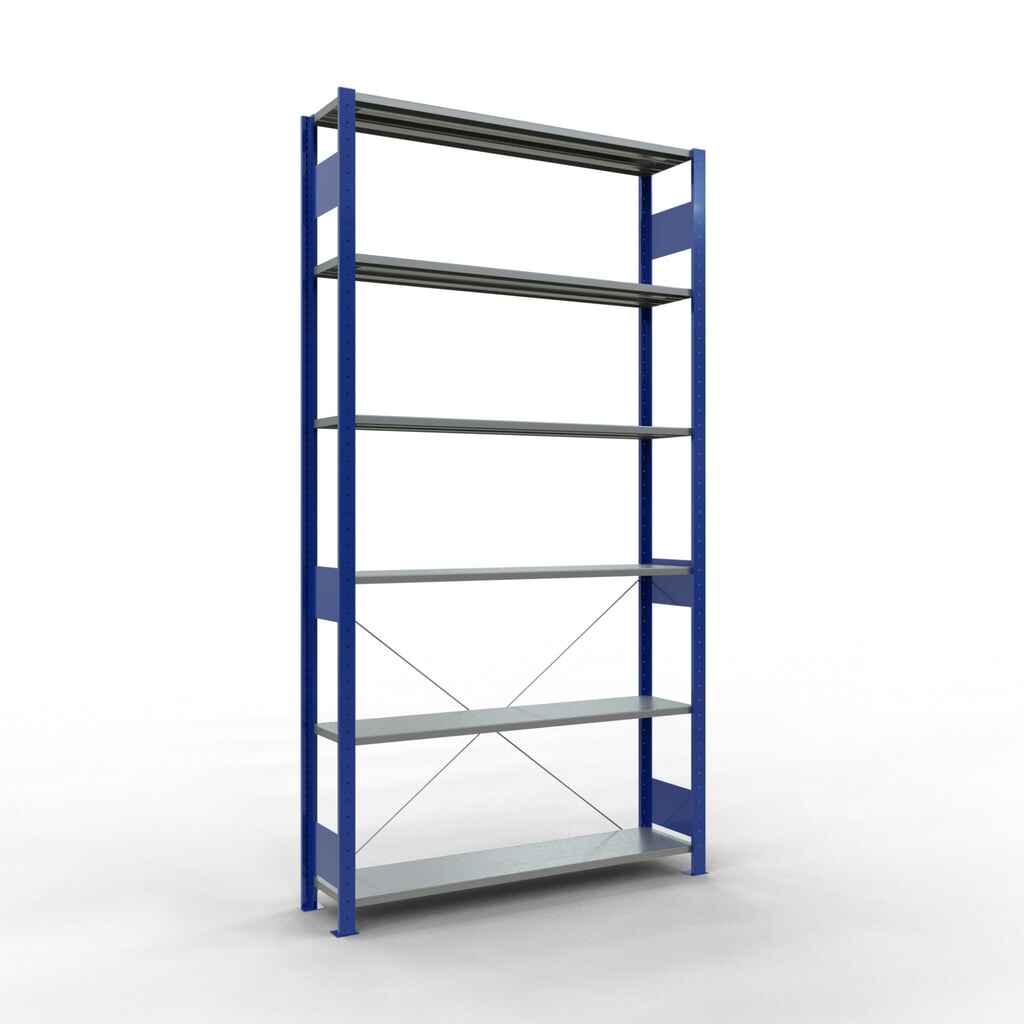 SCHULTE Fachbodenregal enzianblau/verzinkt, Fachlast 150 kg, HxBxT 2.500 x 1.360 x 336 mm Produktabbildung: SCHULTE Fachbodenregal enzianblau/verzinkt, Fachlast 150 kg, HxBxT 2.500 x 1.360 x 336 mm