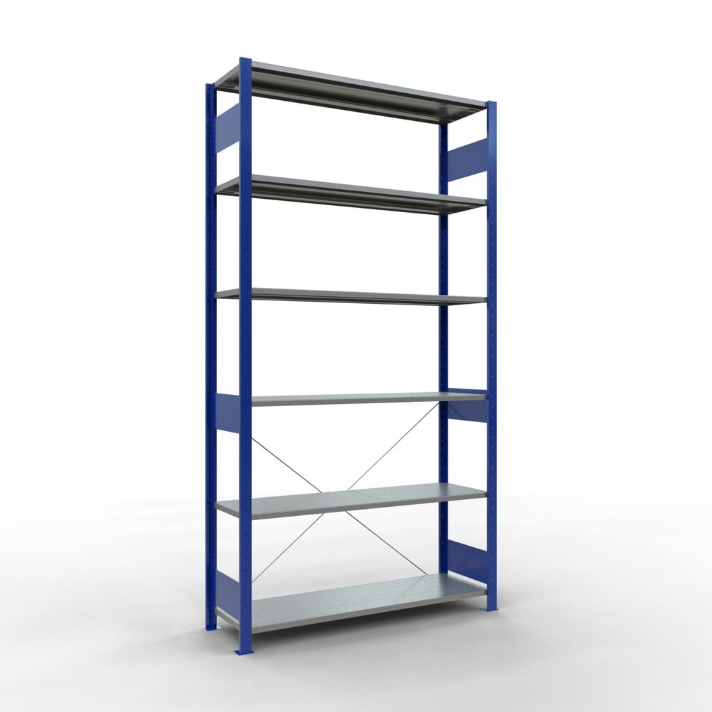 SCHULTE Fachbodenregal enzianblau/verzinkt, Fachlast 150 kg, HxBxT 2.500 x 1.360 x 436 mm Produktabbildung: SCHULTE Fachbodenregal enzianblau/verzinkt, Fachlast 150 kg, HxBxT 2.500 x 1.360 x 436 mm