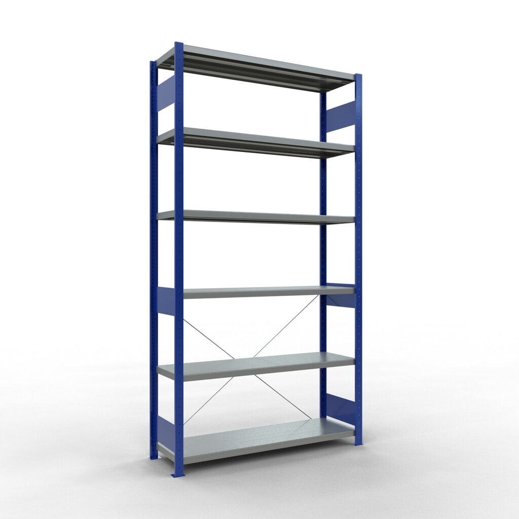 SCHULTE Fachbodenregal, enzianblau/verzinkt, Fachlast 250 kg, HxBxT 2.500 x 1.360 x 436 mm Produktabbildung: SCHULTE Fachbodenregal, enzianblau/verzinkt, Fachlast 250 kg, HxBxT 2.500 x 1.360 x 436 mm
