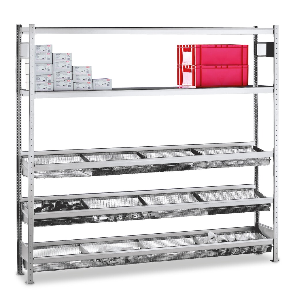 SCHULTE Fachbodenregal mit engmaschigen Körben, AF, HxBxT 2.500 x 1.500 x 400 mm, FL 400 kg Produktabbildung: SCHULTE Fachbodenregal mit engmaschigen Körben, AF, HxBxT 2.500 x 1.500 x 400 mm, FL 400 kg