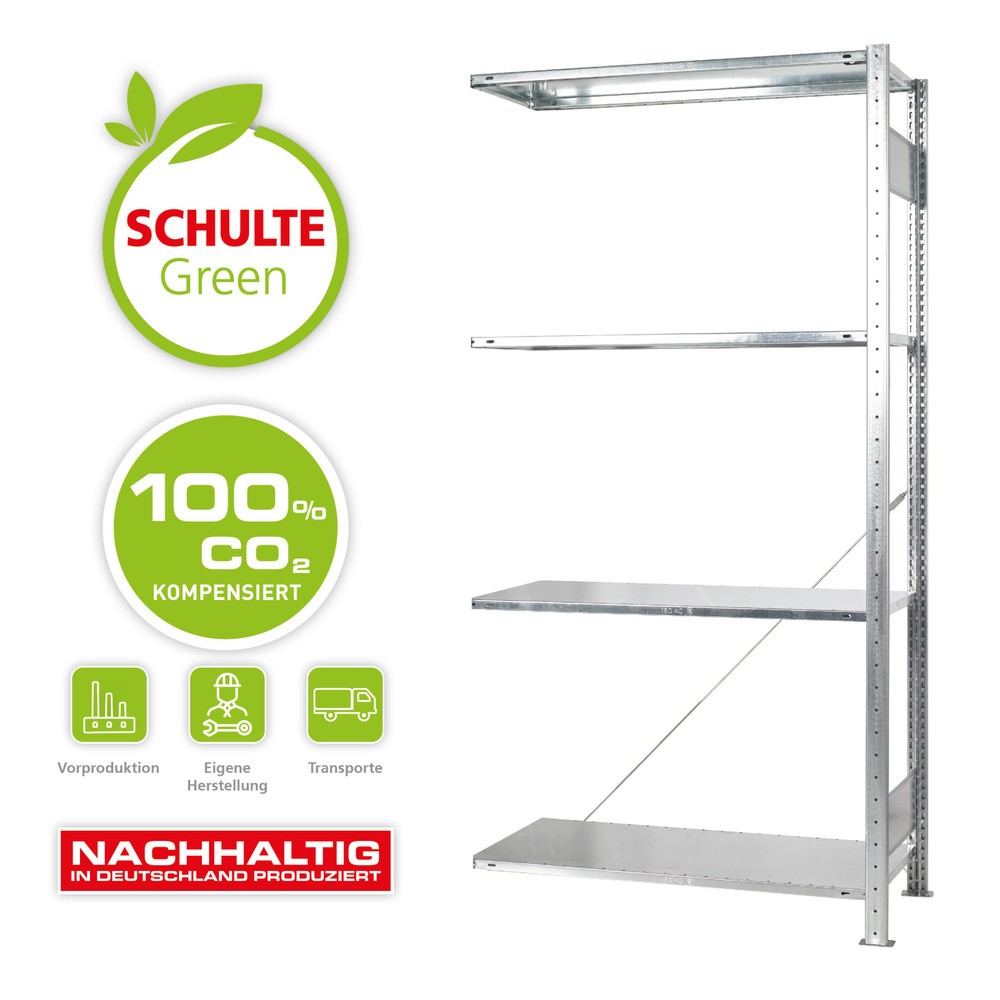 Produktabbildung: SCHULTE Green Fachbodenregal Steckmontage, AF, FL 150 kg, verzinkt,  HxBxT 2.000 x 1.000 x 600 mm