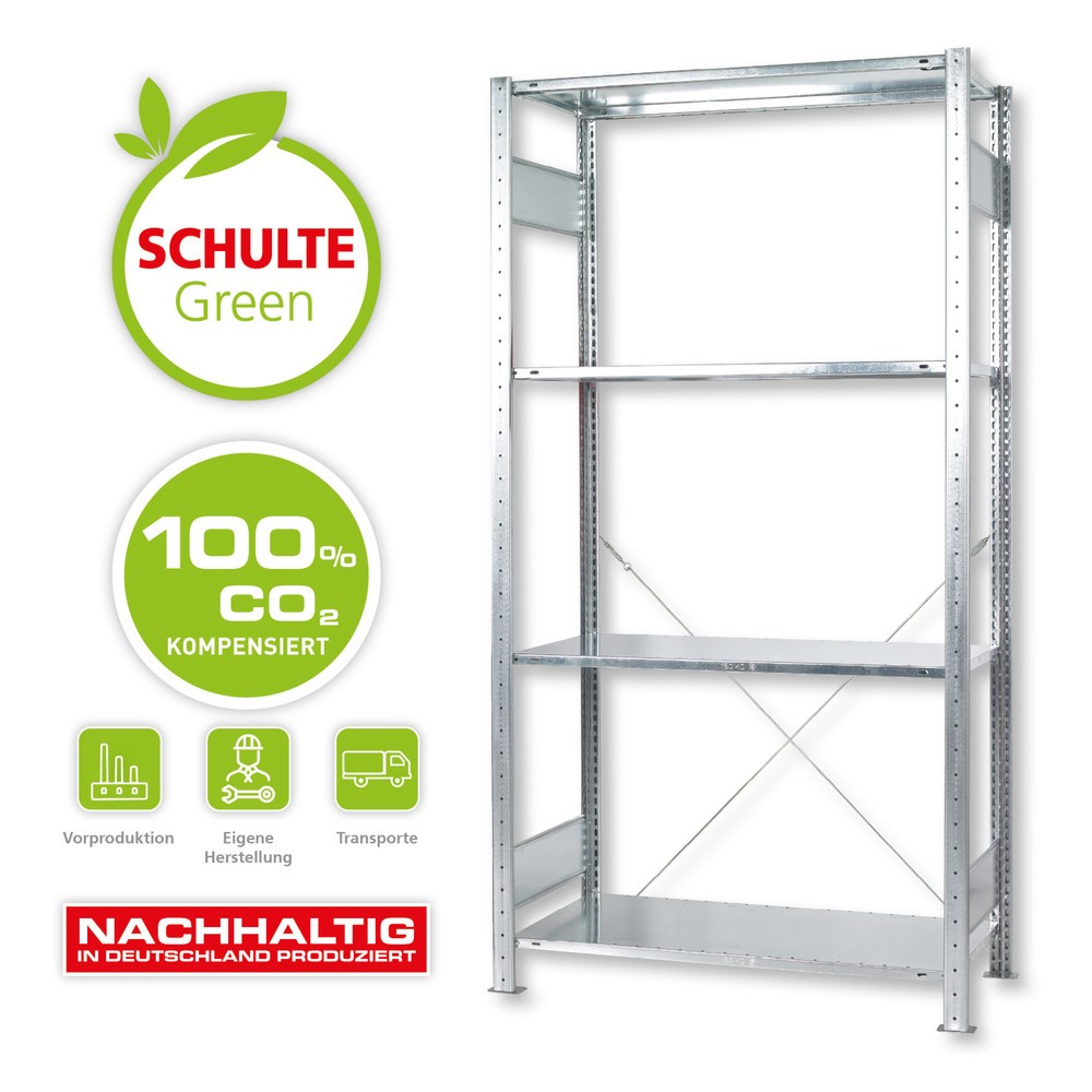 Produktabbildung: SCHULTE Green Fachbodenregal Steckmontage, GF, FL 150 kg, verzinkt, HxBxT 2.000 x 1.000 x 600 mm