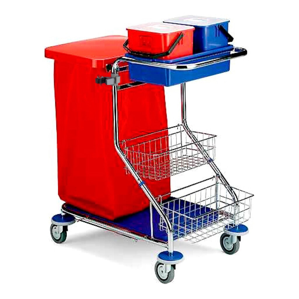 Produktabbildung: Servicewagen Chrom I, 2x 6 Liter, 2 Utensilienkörbe, Stielhalter, Halterahmen für 120-Liter-Abfallsack, Auffangschale