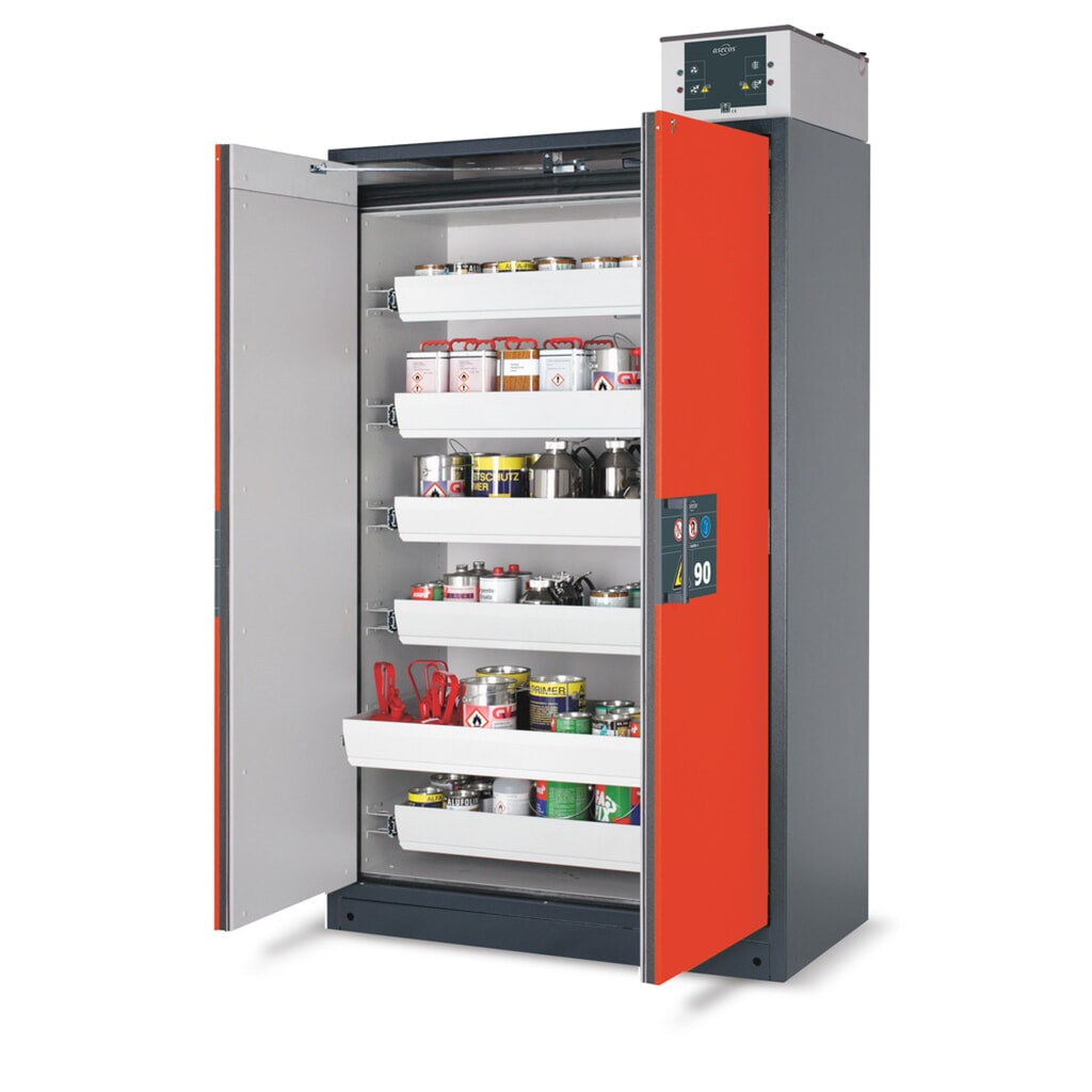 asecos® Brandschutzschrank Q-PEGASUS/Typ 90, 4 Auszugswannen, HxBxT 1.953 x 599 x 615 mm, verkehrsrot Produktabbildung: asecos® Brandschutzschrank Q-PEGASUS/Typ 90, 4 Auszugswannen, HxBxT 1.953 x 599 x 615 mm, verkehrsrot
