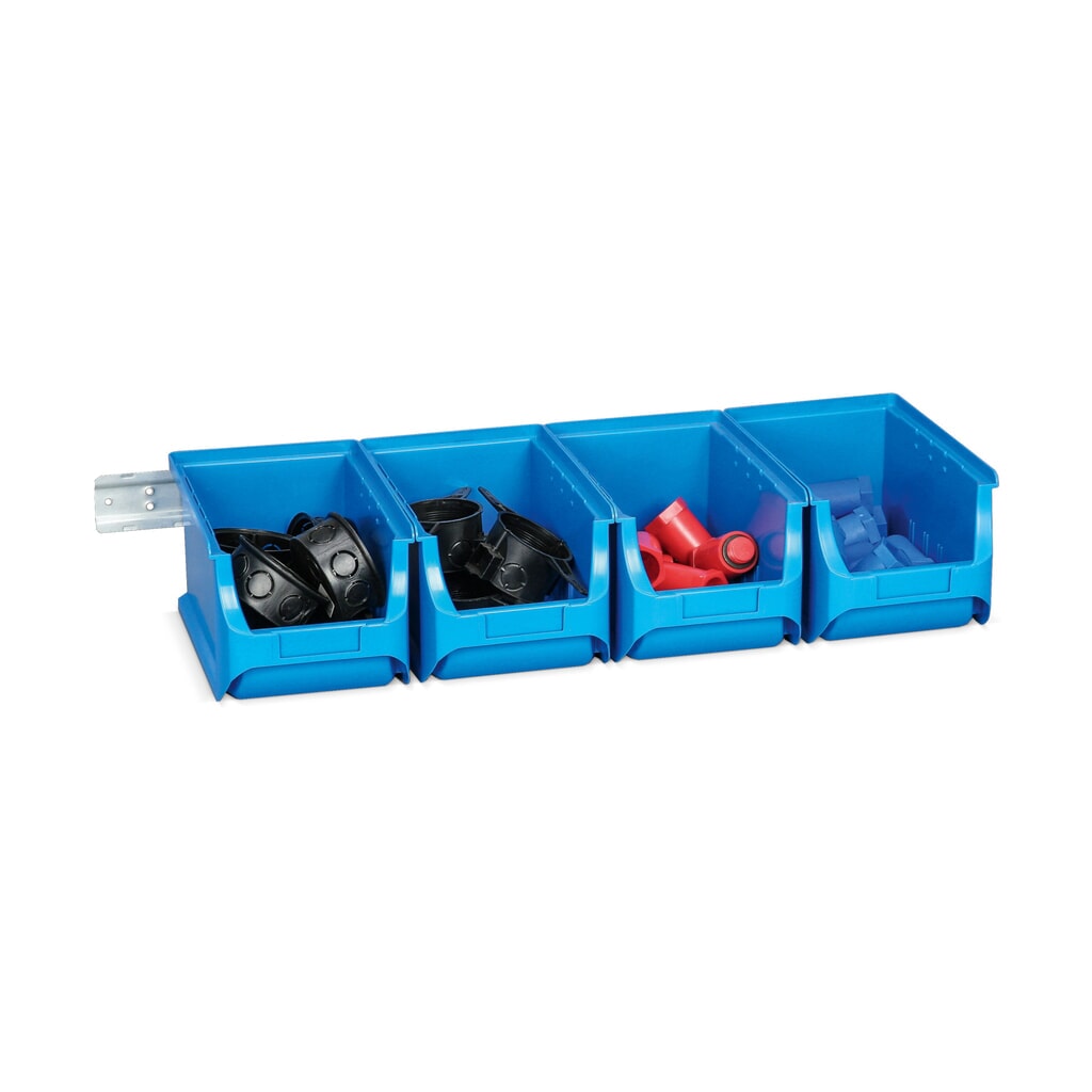 Allit Sichtlagerkasten-Set mit Halteschienen, 4 blaue Kästen Größe 5 Produktabbildung: Allit Sichtlagerkasten-Set mit Halteschienen, 4 blaue Kästen Größe 5
