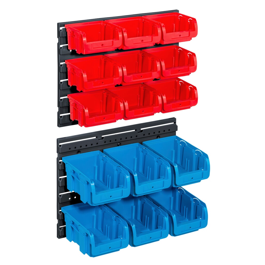 Allit Sichtlagerkasten-Sets mit Wandhalteplatten, Kästen 9x Größe 1, 6x Größe 2 Produktabbildung: Allit Sichtlagerkasten-Sets mit Wandhalteplatten, Kästen 9x Größe 1, 6x Größe 2