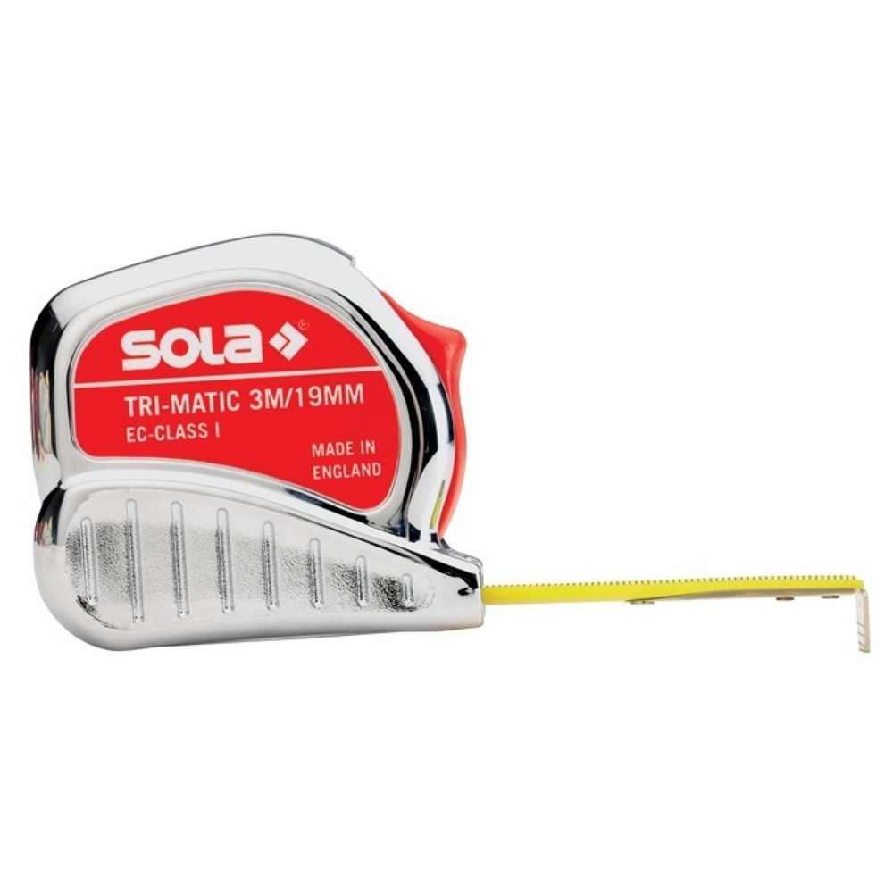 Produktabbildung: SOLA Taschenrollbandmaß TRI-MATIC, Länge 10 m Breite 25 mm mm/cm, EG 1 Kunststoff Stopptaste
