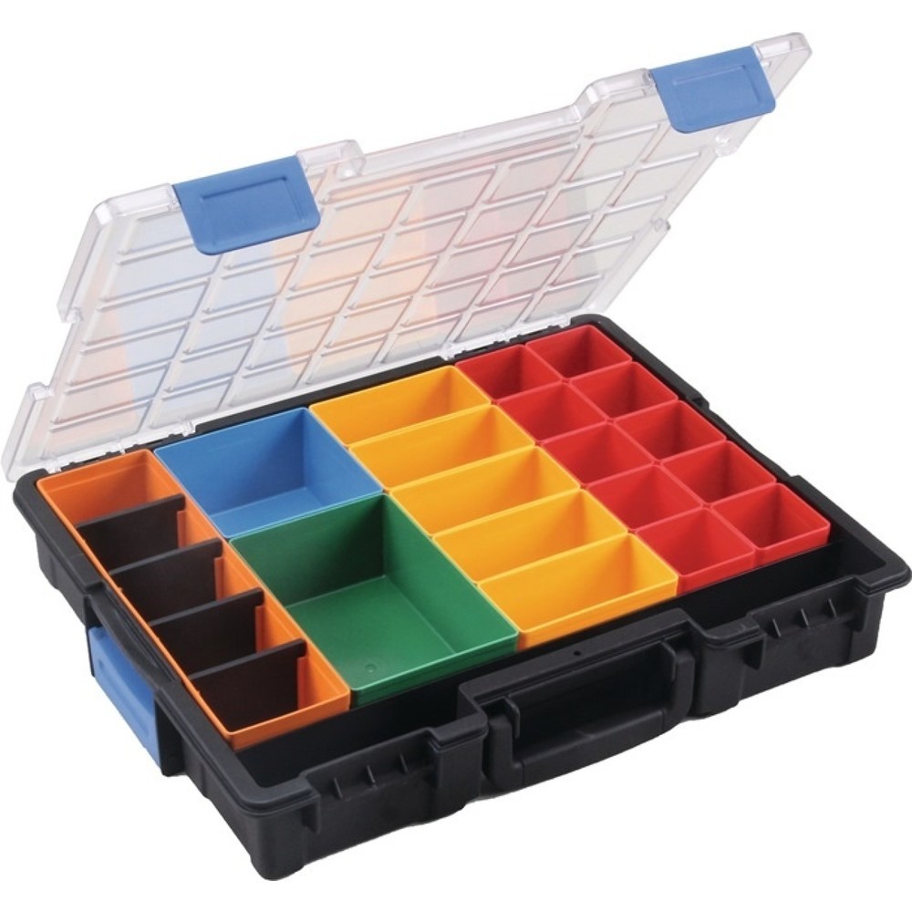 Produktabbildung: Sortimentskasten Euro Plus Pro, 23 Fächer 4 Trennstege, B440xT355xH76mm, transparent schwarz