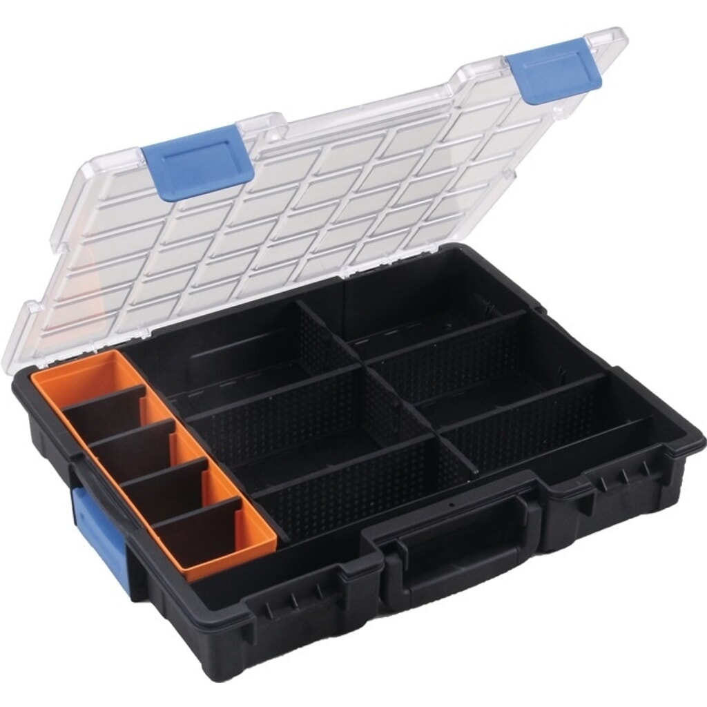 Sortimentskasten Euro Plus Pro, 12 Fächer 10 Trennstege, B440xT355xH76mm, transparent schwarz Produktabbildung: Sortimentskasten Euro Plus Pro, 12 Fächer 10 Trennstege, B440xT355xH76mm, transparent schwarz