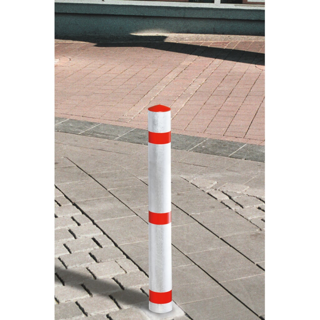 URBANUS Sperrpfosten aus Aluminium, umlegbar, Rundrohr Ø 76 mm zum Aufdübeln + Zylinderschlross, rot Produktabbildung Nr. 1: URBANUS Sperrpfosten aus Aluminium, umlegbar, Rundrohr Ø 76 mm zum Aufdübeln + Zylinderschlross, rot