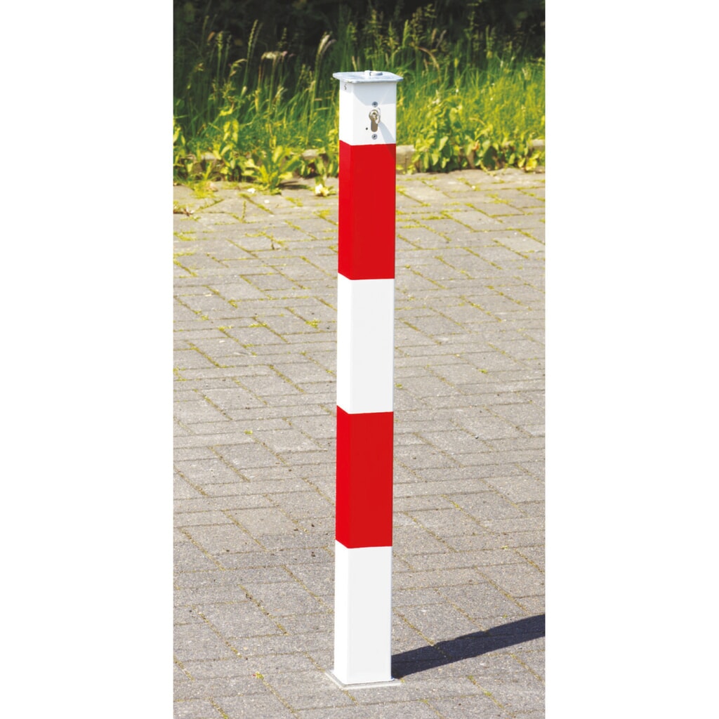 URBANUS Sperrpfosten aus Aluminium, versenkbar 70 x 70 mm, stehend verschließbar, rot/weiß Produktabbildung Nr. 1: URBANUS Sperrpfosten aus Aluminium, versenkbar 70 x 70 mm, stehend verschließbar, rot/weiß