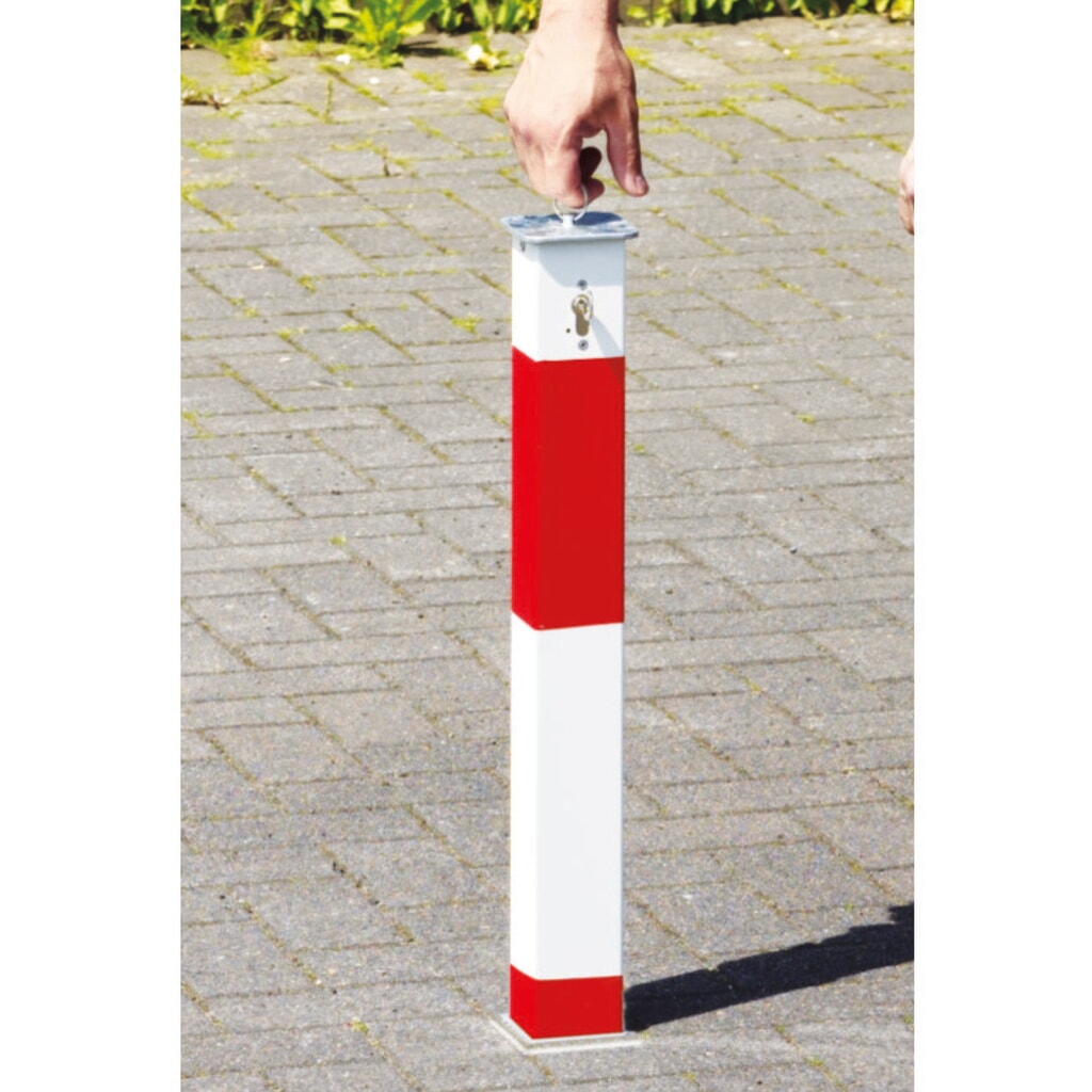 URBANUS Sperrpfosten aus Aluminium, versenkbar 70 x 70 mm, stehend verschließbar, rot/weiß Produktabbildung Nr. 2: URBANUS Sperrpfosten aus Aluminium, versenkbar 70 x 70 mm, stehend verschließbar, rot/weiß