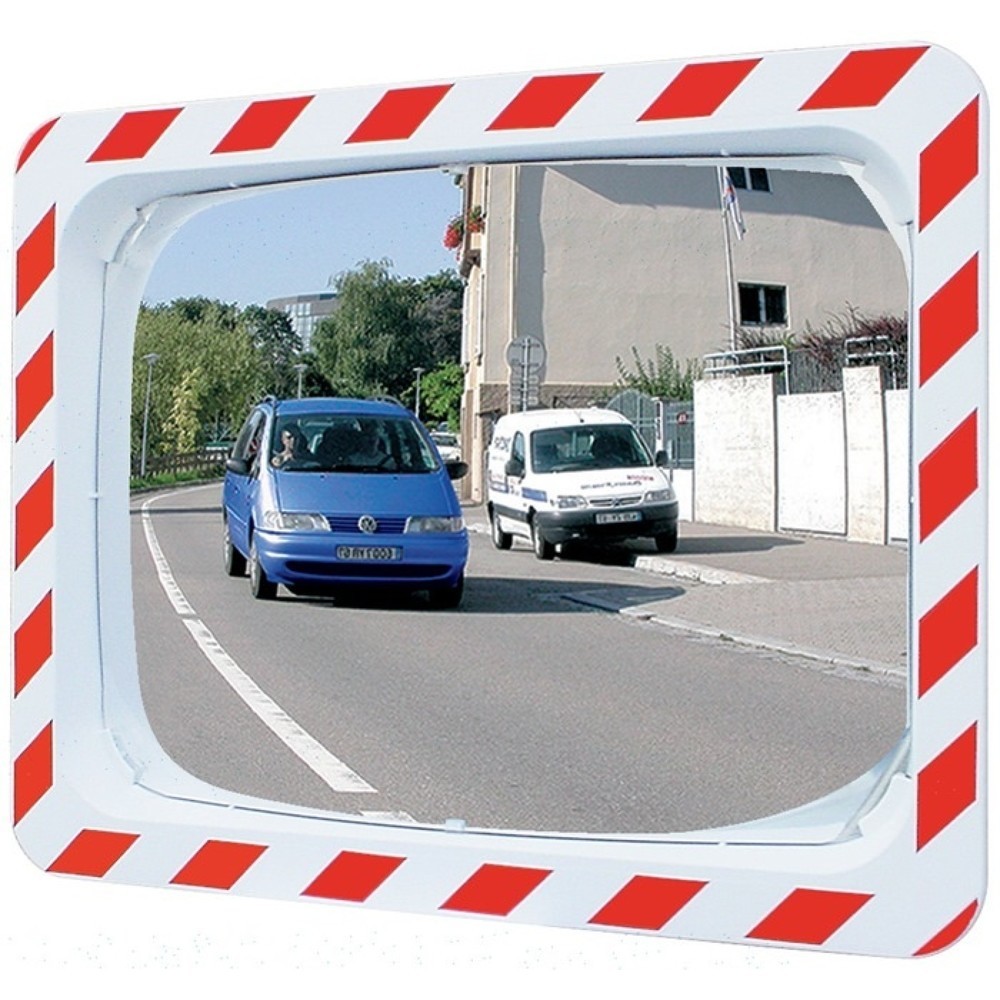 Produktabbildung: SPL Verkehrsspiegel, für 2 Richtungen, H400xB600mm Kunststoff, rot/weiß, 9 m