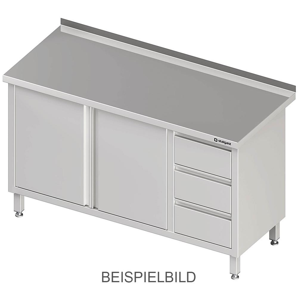 Produktabbildung: Stalgast Arbeitsschrank mit Flügeltüren, 1100x700x850 mm, mit 3er Schubladenblock rechts, ohne Aufkantung, verschweißt