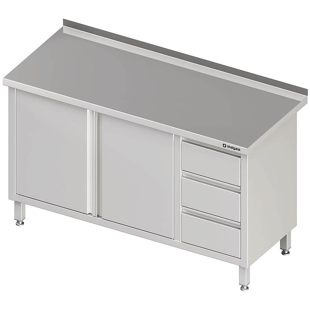 Produktabbildung: Stalgast Arbeitsschrank mit Flügeltüren, 1500x600x850 mm, mit 3er Schubladenblock rechts, mit Aufkantung, verschweißt