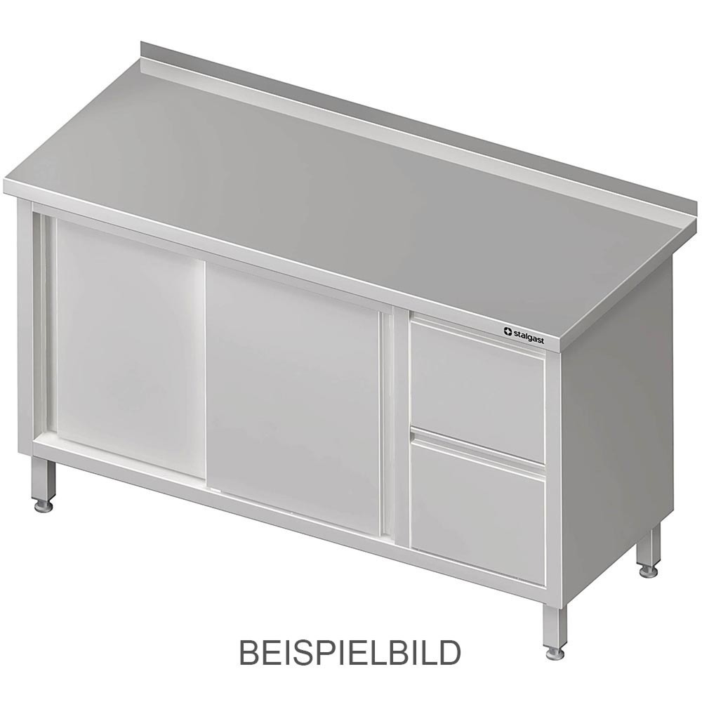 Produktabbildung: Stalgast Arbeitsschrank mit Schiebetüren, 1400x600x850 mm, mit 2er Schubladenblock links, ohne Aufkantung, verschweißt