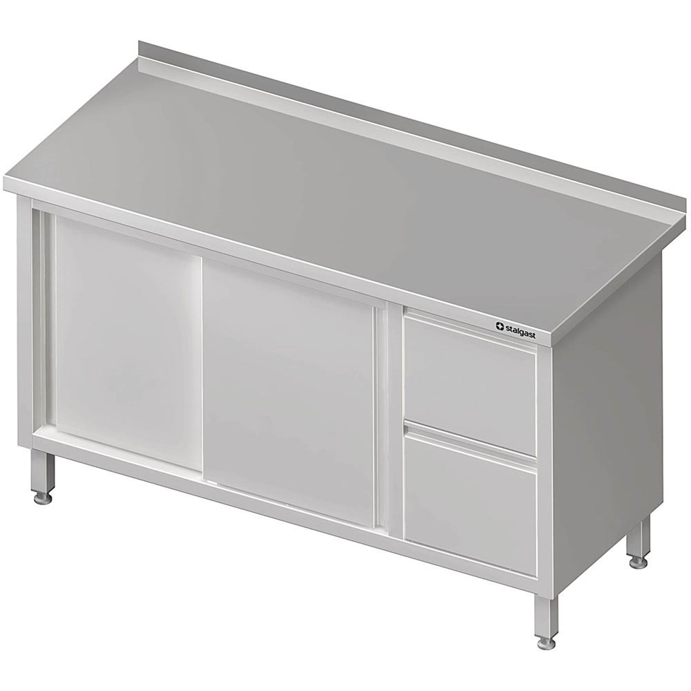 Produktabbildung: Stalgast Arbeitsschrank mit Schiebetüren, 1300x600x850 mm, mit 2er Schubladenblock rechts, mit Aufkantung, verschweißt