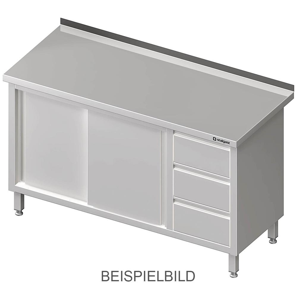 Produktabbildung: Stalgast Arbeitsschrank mit Schiebetüren, 1400x600x850 mm, mit 3er Schubladenblock rechts, ohne Aufkantung, verschweißt