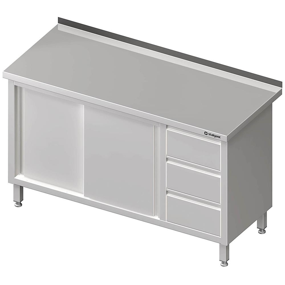 Produktabbildung: Stalgast Arbeitsschrank mit Schiebetüren, 1200x600x850 mm, mit 3er Schubladenblock rechts, mit Aufkantung, verschweißt