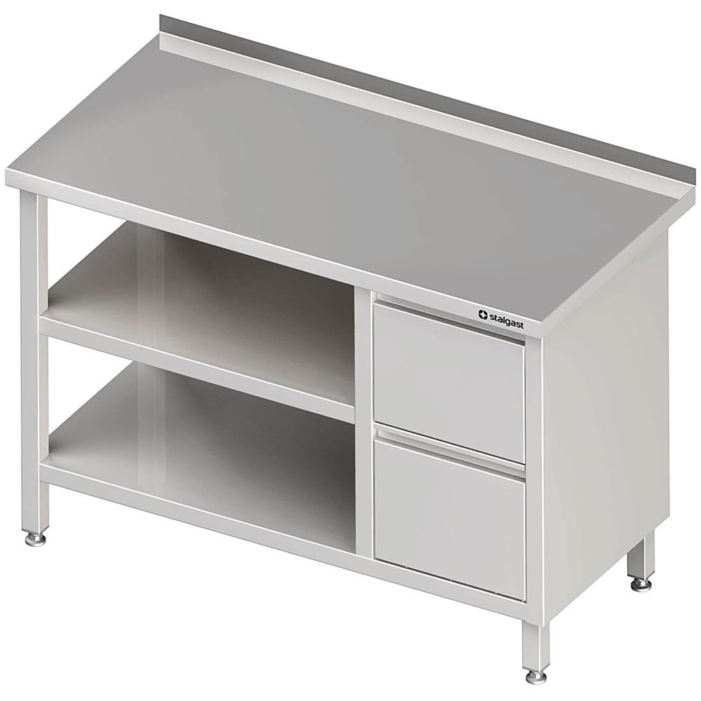 Produktabbildung: Stalgast Arbeitstisch mit Grund- und Zwischenboden, 800x600x850 mm, mit 2er Schubladenblock rechts, mit Aufkantung, verschweißt