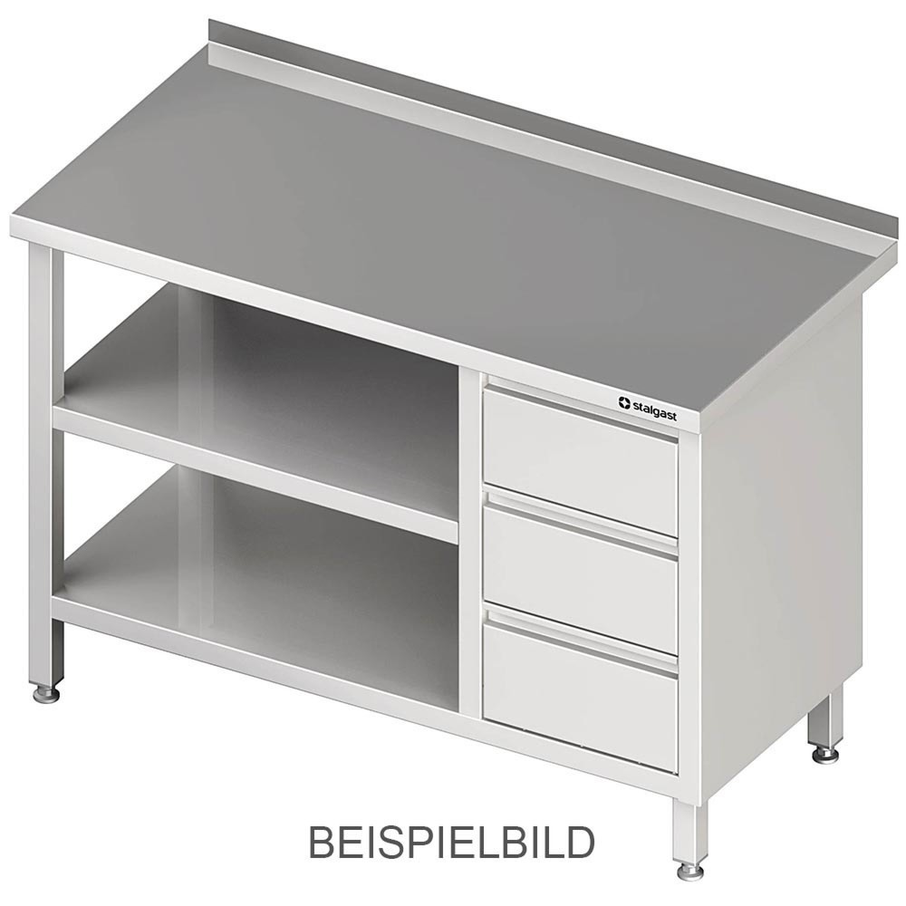 Produktabbildung: Stalgast Arbeitstisch mit Grund- und Zwischenboden, 800x600x850 mm, mit 3er Schubladenblock links, ohne Aufkantung, verschweißt