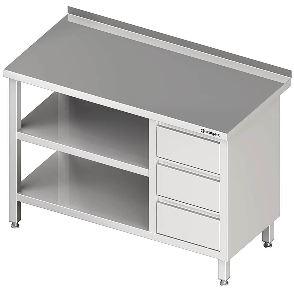 Produktabbildung: Stalgast Arbeitstisch mit Grund- und Zwischenboden, 800x600x850 mm, mit 3er Schubladenblock rechts, mit Aufkantung, verschweißt