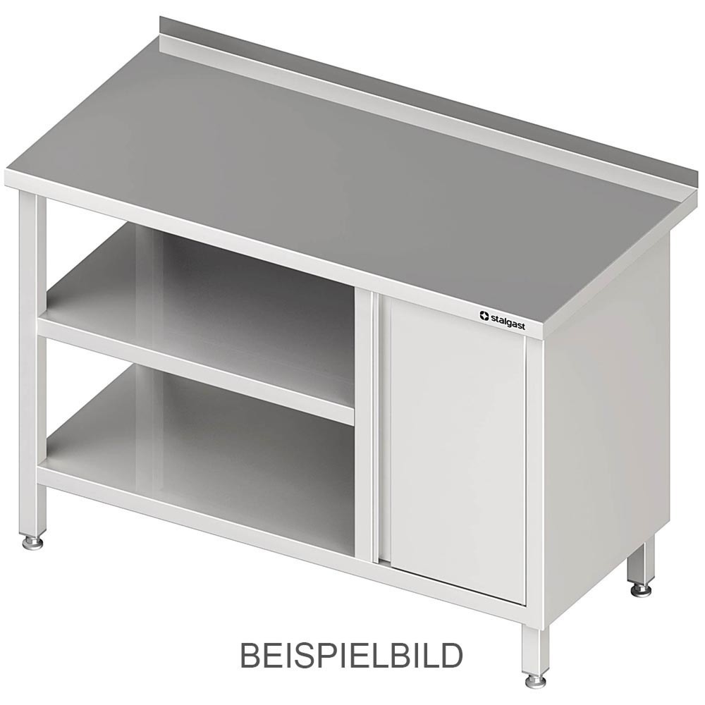 Produktabbildung: Stalgast Arbeitstisch mit Grund- und Zwischenboden, 800x600x850 mm, mit Flügeltürschrank links, ohne Aufkantung, verschweißt