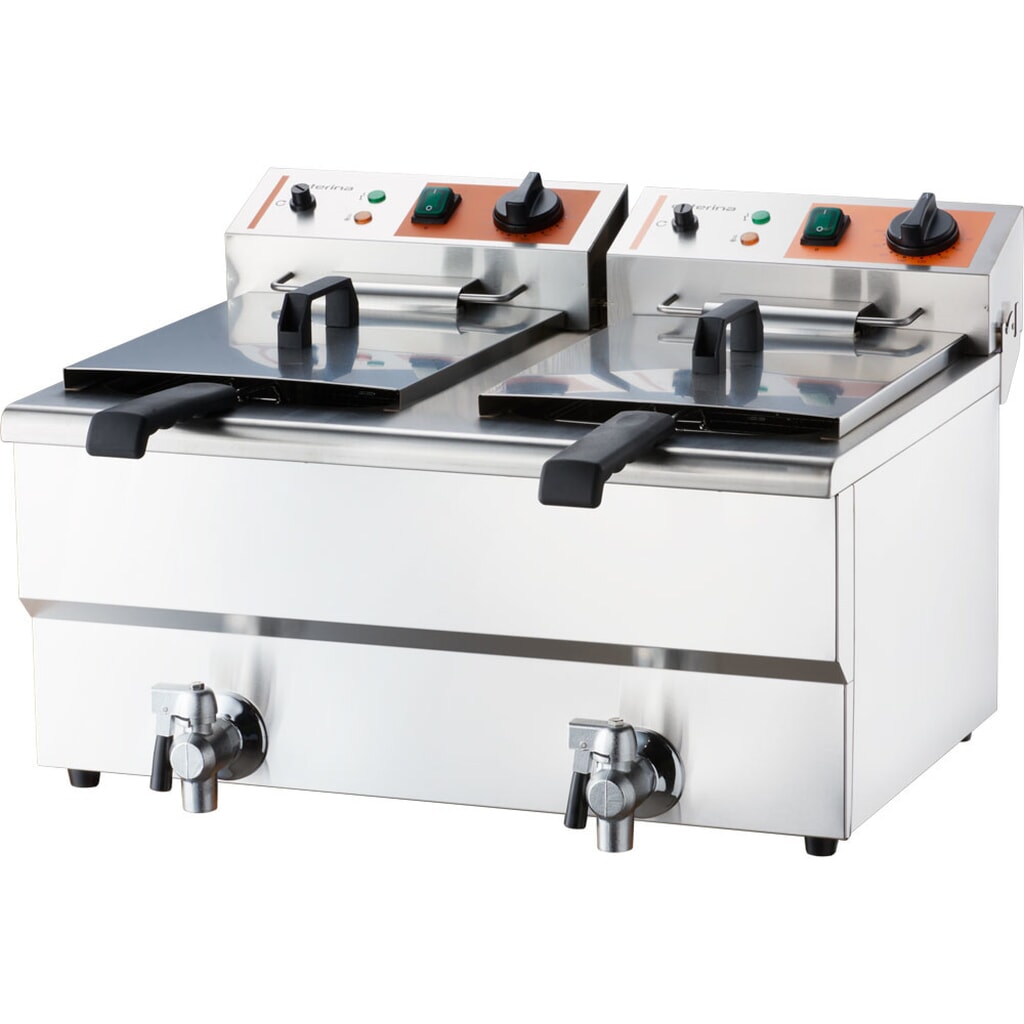Produktabbildung: CATERINA Stalgast Doppel-Fritteuse, 2x 8 Liter, mit Ablasshahn 610x510x390 mm (BxTxH), 2x 3 kW 230V