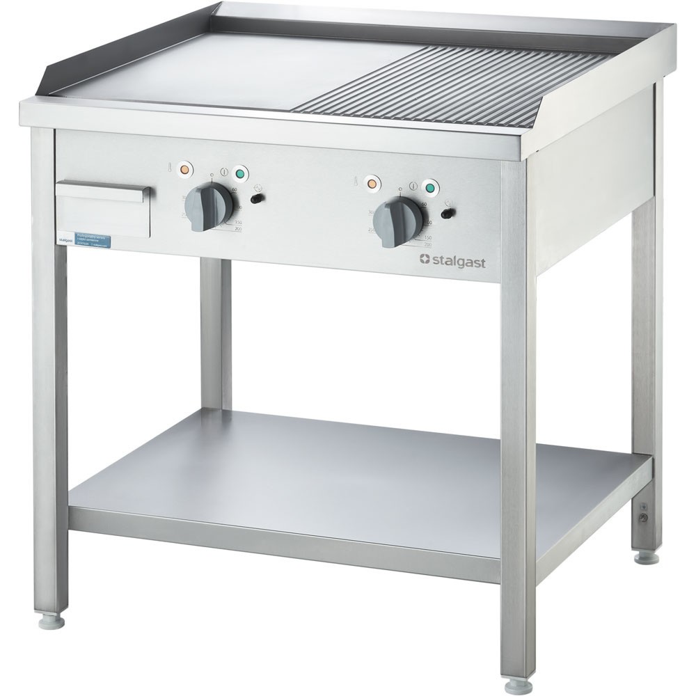 Produktabbildung: Stalgast Elektro-Griddleplatte als Standgerät - ½ glatt / ½ gerillt, Unterbau offen, 800 x 700 x 850 mm (BxTxH)