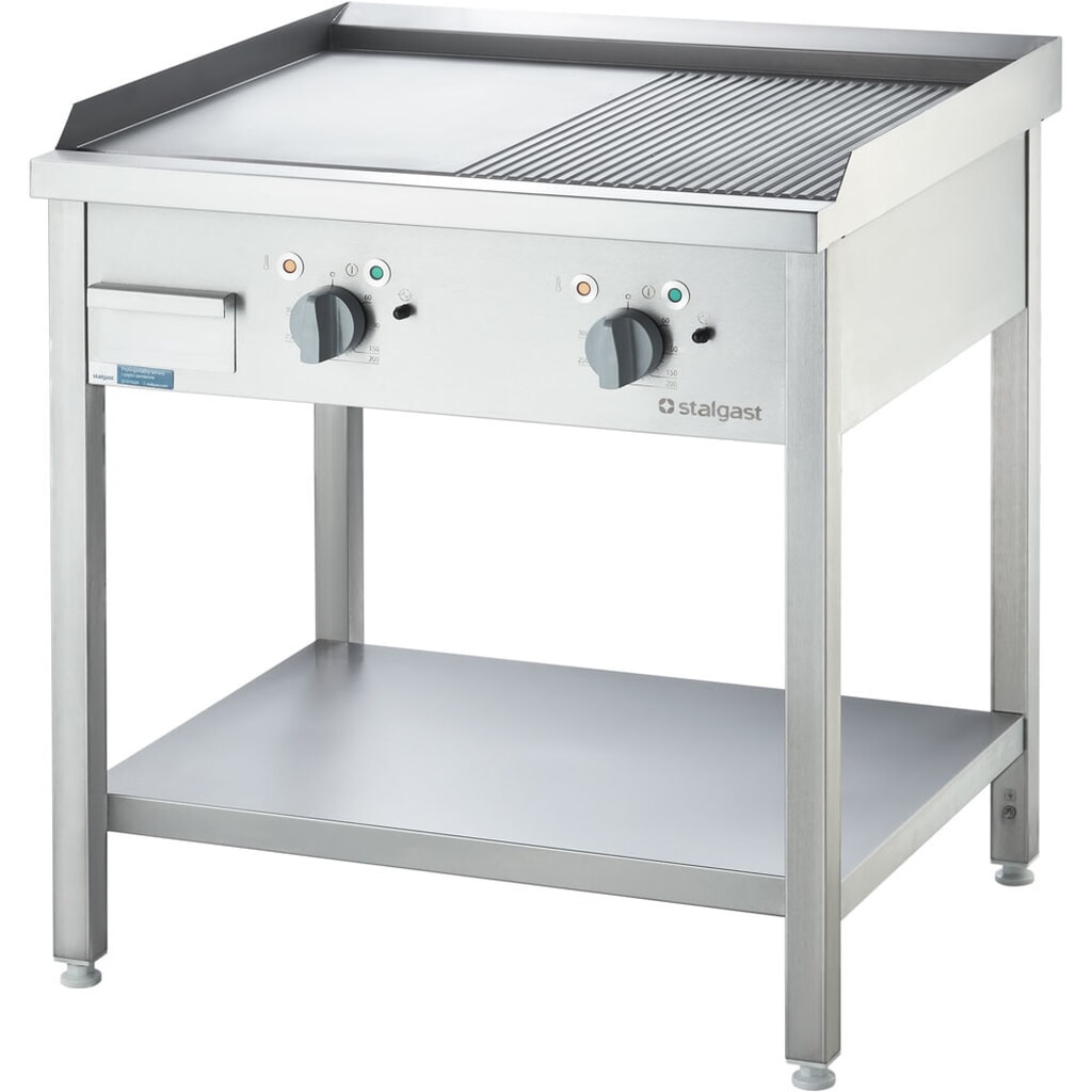 Produktabbildung: Stalgast Elektro-Griddleplatte als Standgerät - ½ glatt / ½ gerillt, Unterbau offen, 800 x 700 x 850 mm (BxTxH)