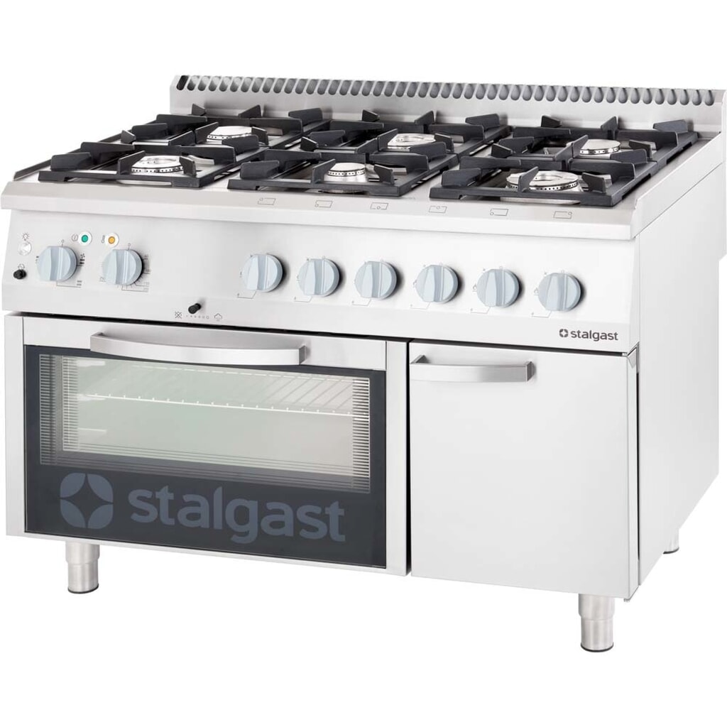 Produktabbildung: Stalgast Gasherd mit 6 Brennern (3,5+2x5+2x7+9), Elektro-Backofen GN2/1 und Unterschrank, Serie 700 ND