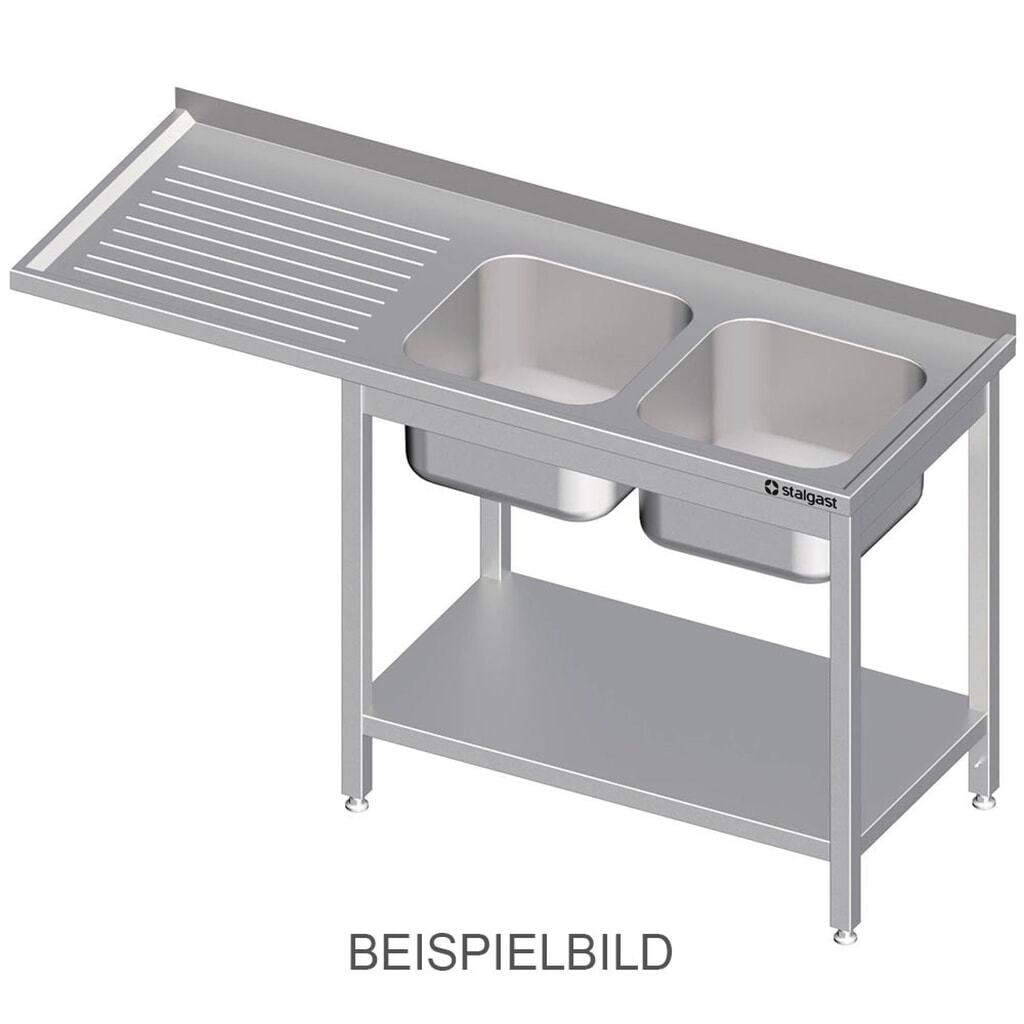 Stalgast Spültisch mit Grundboden, und Überstand, 1600x600x900 mm, mit zwei Becken rechts, mit Aufkantung, verschweißt Produktabbildung: Stalgast Spültisch mit Grundboden, und Überstand, 1600x600x900 mm, mit zwei Becken rechts, mit Aufkantung, verschweißt