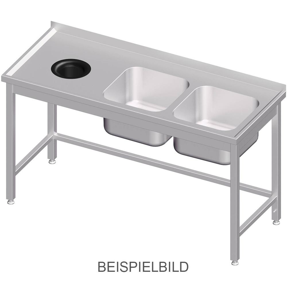 Produktabbildung: Stalgast Spültisch ohne Grundboden, mit Abfallloch, 1400x600x850 mm, mit zwei Becken links, mit Aufkantung, verschweißt
