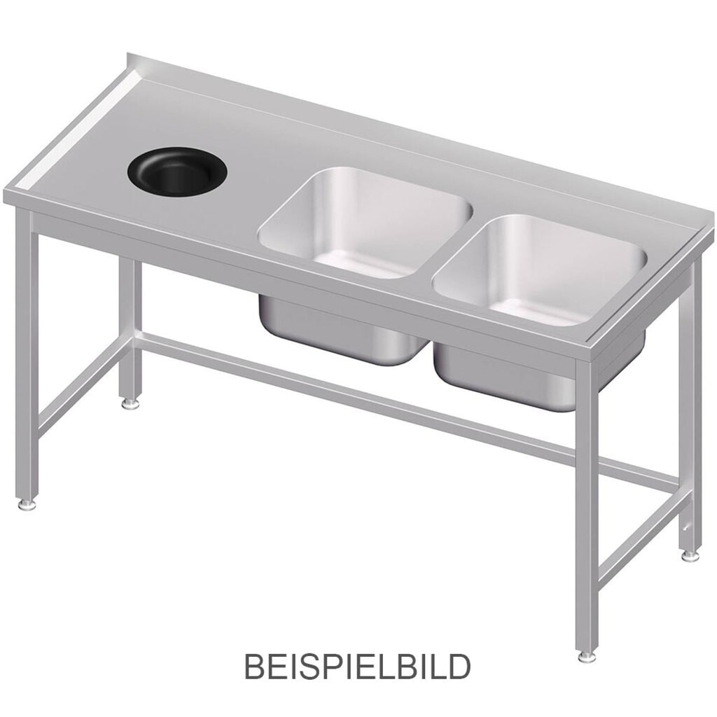 Produktabbildung: Stalgast Spültisch ohne Grundboden, mit Abfallloch, 1400x600x850 mm, mit zwei Becken links, mit Aufkantung, verschweißt