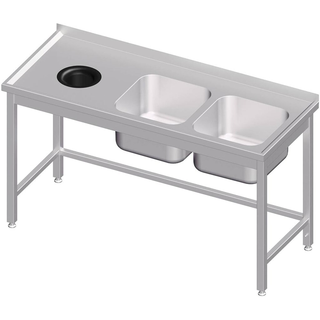 Produktabbildung: Stalgast Spültisch ohne Grundboden, mit Abfallloch, 1400x600x850 mm, mit zwei Becken rechts, mit Aufkantung, verschweißt