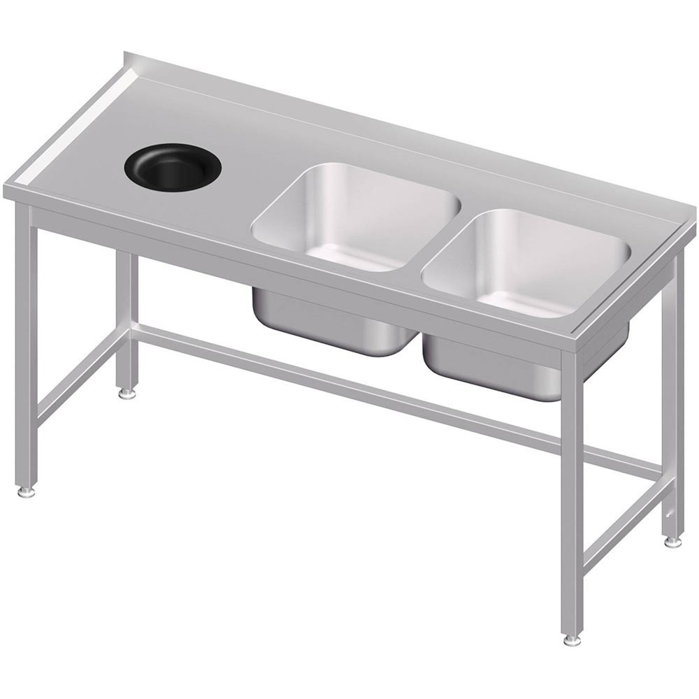 Produktabbildung: Stalgast Spültisch ohne Grundboden, mit Abfallloch, 1400x700x850 mm, mit zwei Becken rechts, mit Aufkantung, verschweißt