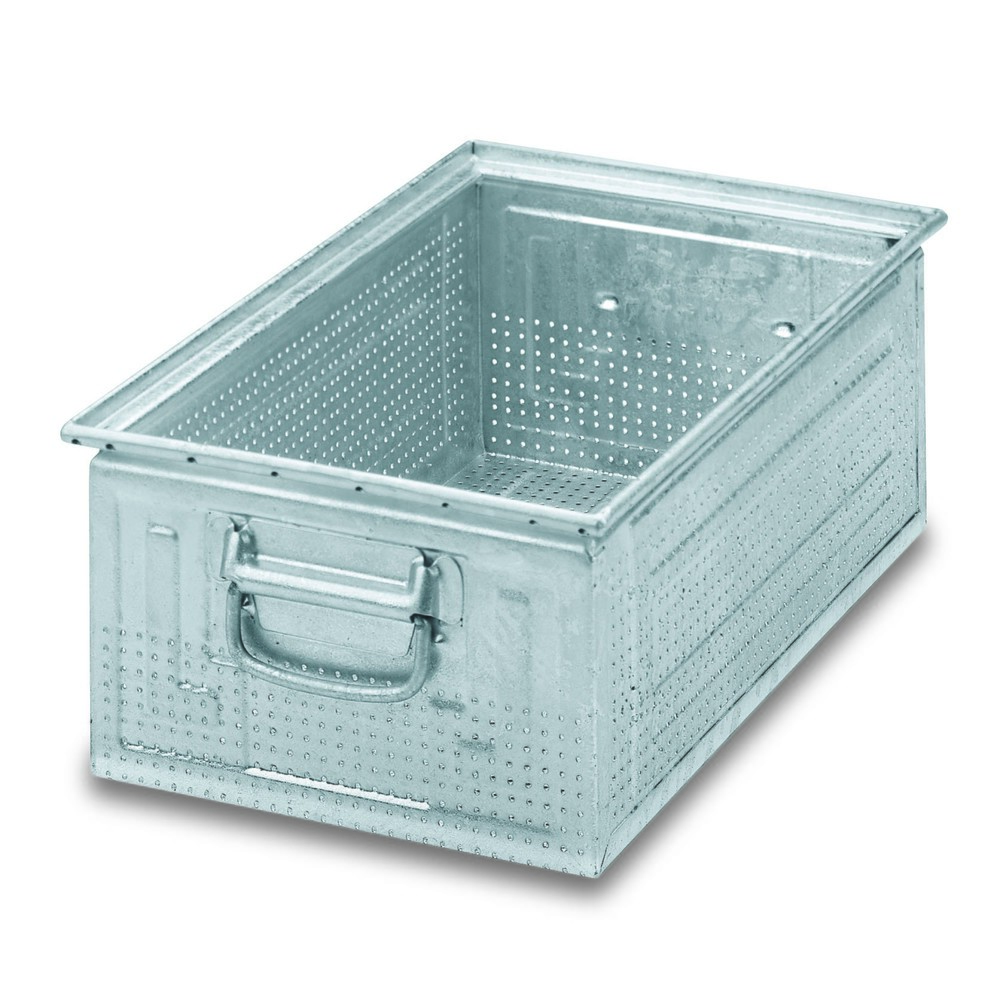 Produktabbildung Nr. 1: Stapelkasten aus Stahlblech, mit feiner Lochung Ø 3 mm, HxBxT 200 x 300 x 200 mm