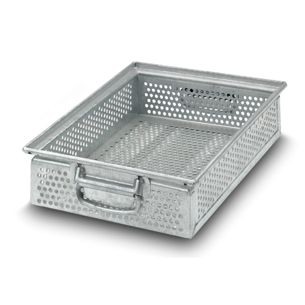Produktabbildung: Drehstapelbehälter aus Stahlblech, mit feiner Lochung Ø 5 mm, HxBxT 150 x 300 x 200 mm